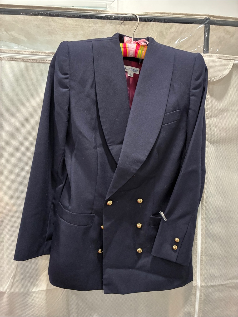 Ann Taylor Navy Double-Breasted Blazer with Gold-Tone Buttons
